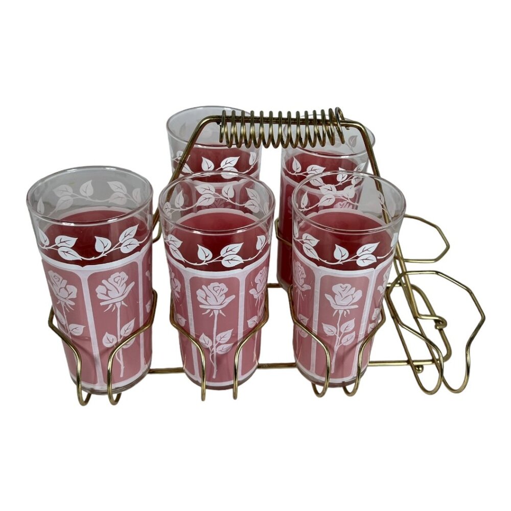 MCM Pink‎ Rose Glasses with Caddy